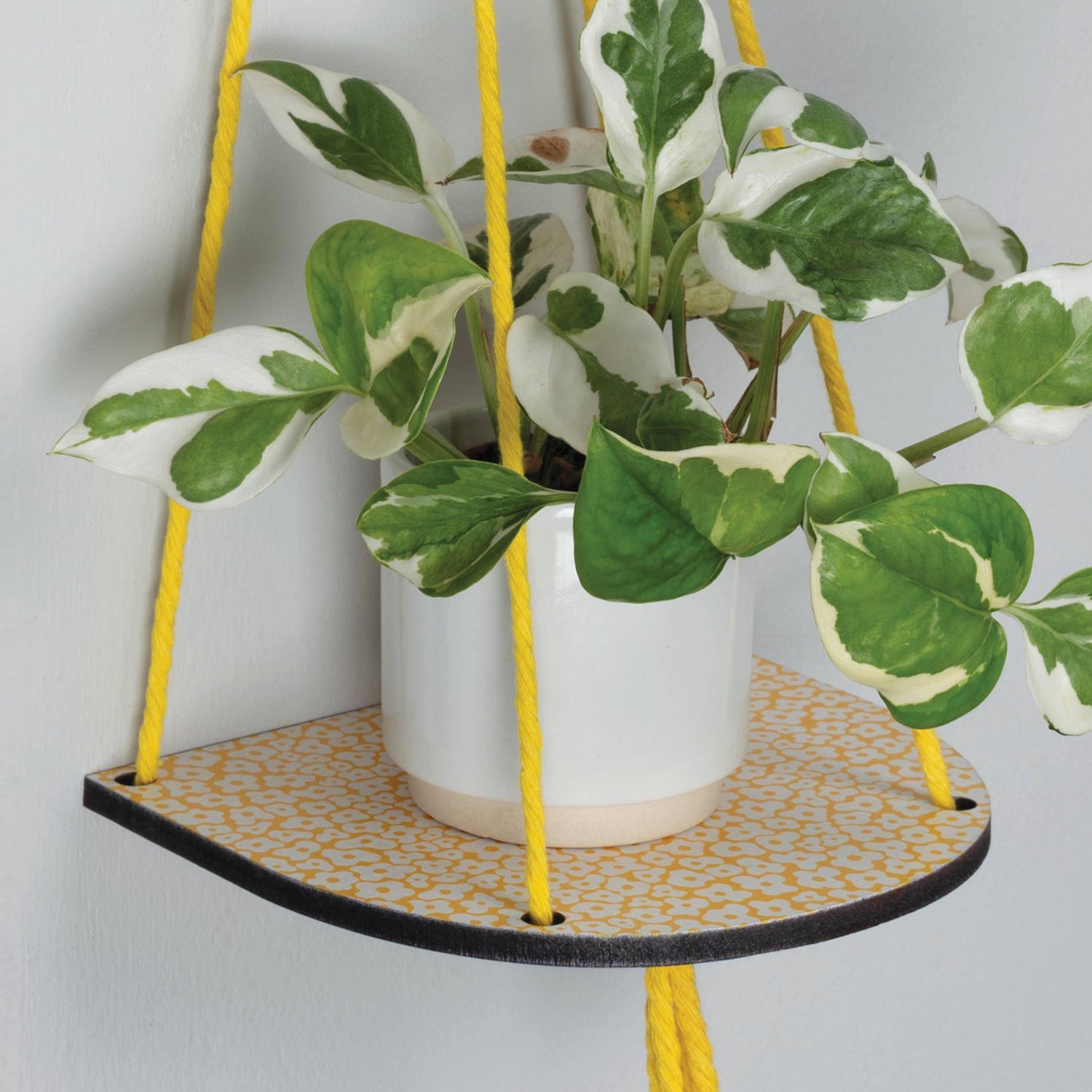 Hanging macrame plant shelf that rests nearly against the wall. Yellow and white floral print with colourful twine, brass plated hoops and crimp bars. Made in England. 