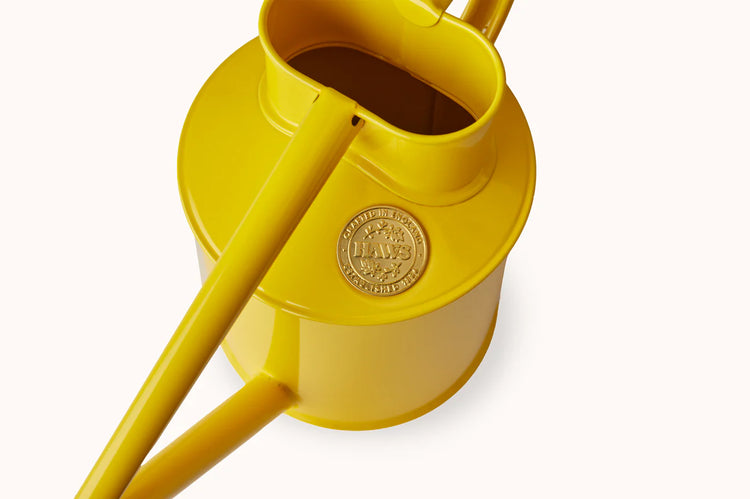 Haws Fazeley Flow Two Pint Lotus Yellow watering can in front of a white background