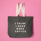 Grey Tote Bag with ‘I Think I Need More Coffee’ Text on a Pink Background