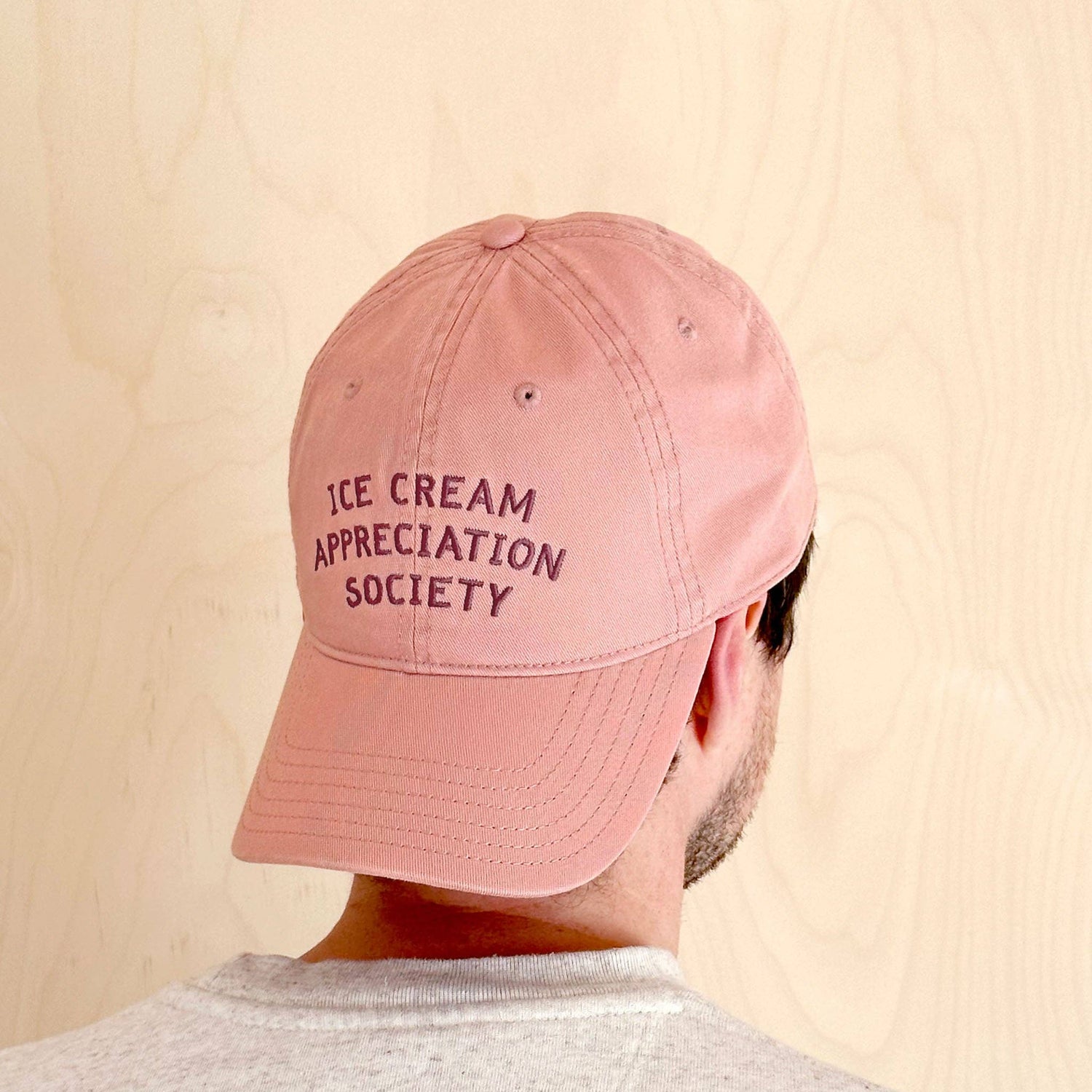 Person Wearing a Dusty Rose Cotton Baseball Cap with ‘Ice Cream Appreciation Society’ Text on a Yellow Background