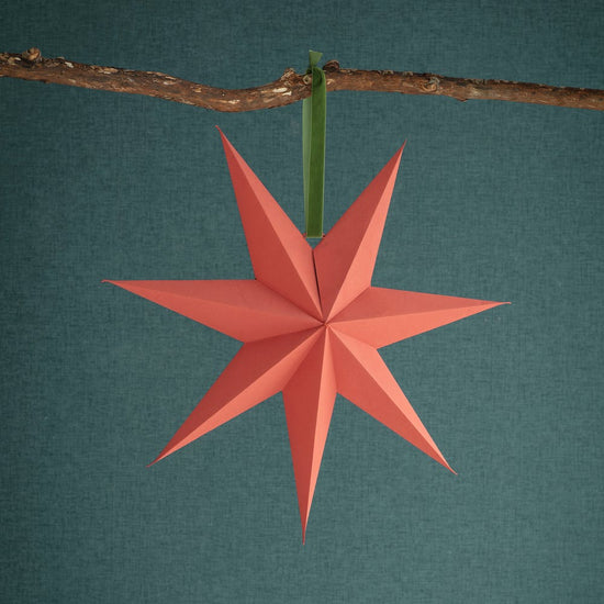 Red paper star hanging from a branch on a teal background