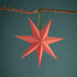 Red paper star hanging from a branch on a teal background