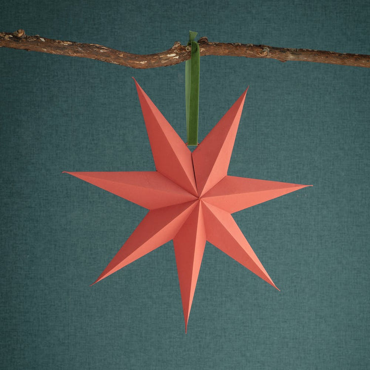 Red paper star hanging from a branch on a teal background