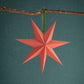 Red paper star hanging from a branch on a teal background
