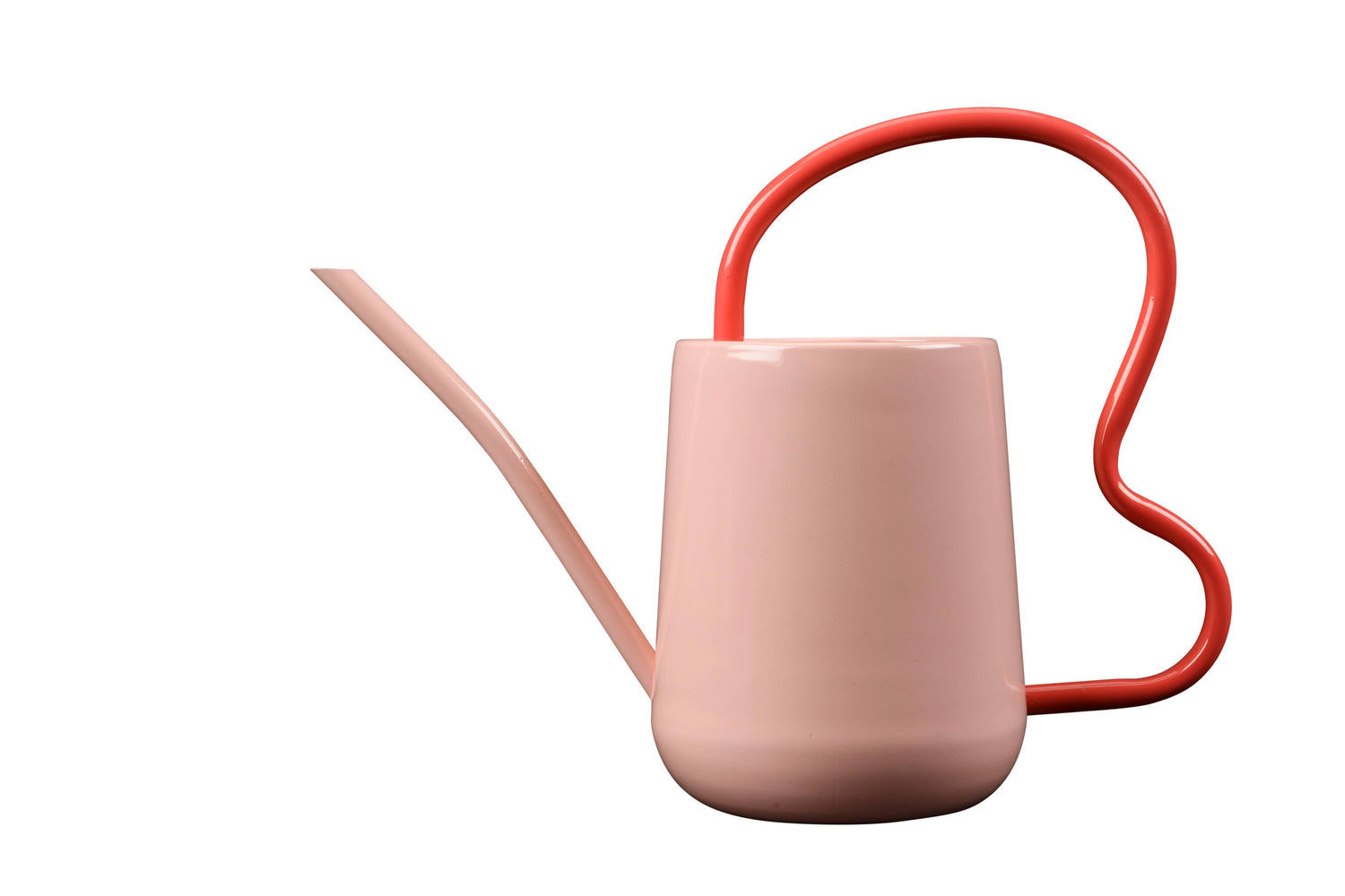 Pink and Red Indoor Watering Can. Scalloped handle and slender spout. 