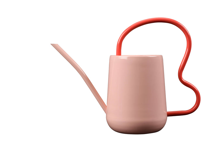 Pink and Red Indoor Watering Can. Scalloped handle and slender spout. 