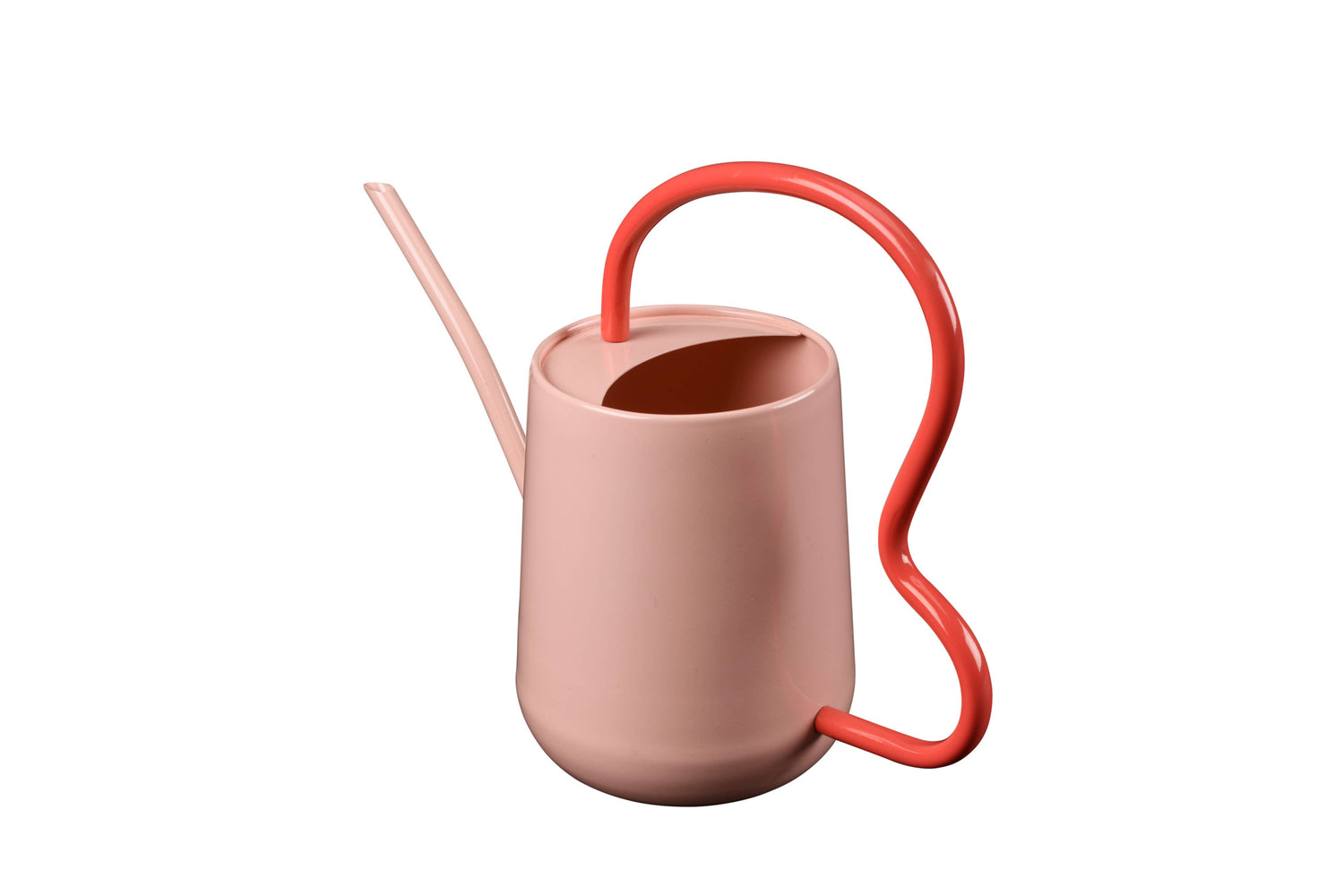 Pink and Red Indoor Watering Can. Scalloped handle and slender spout. 
