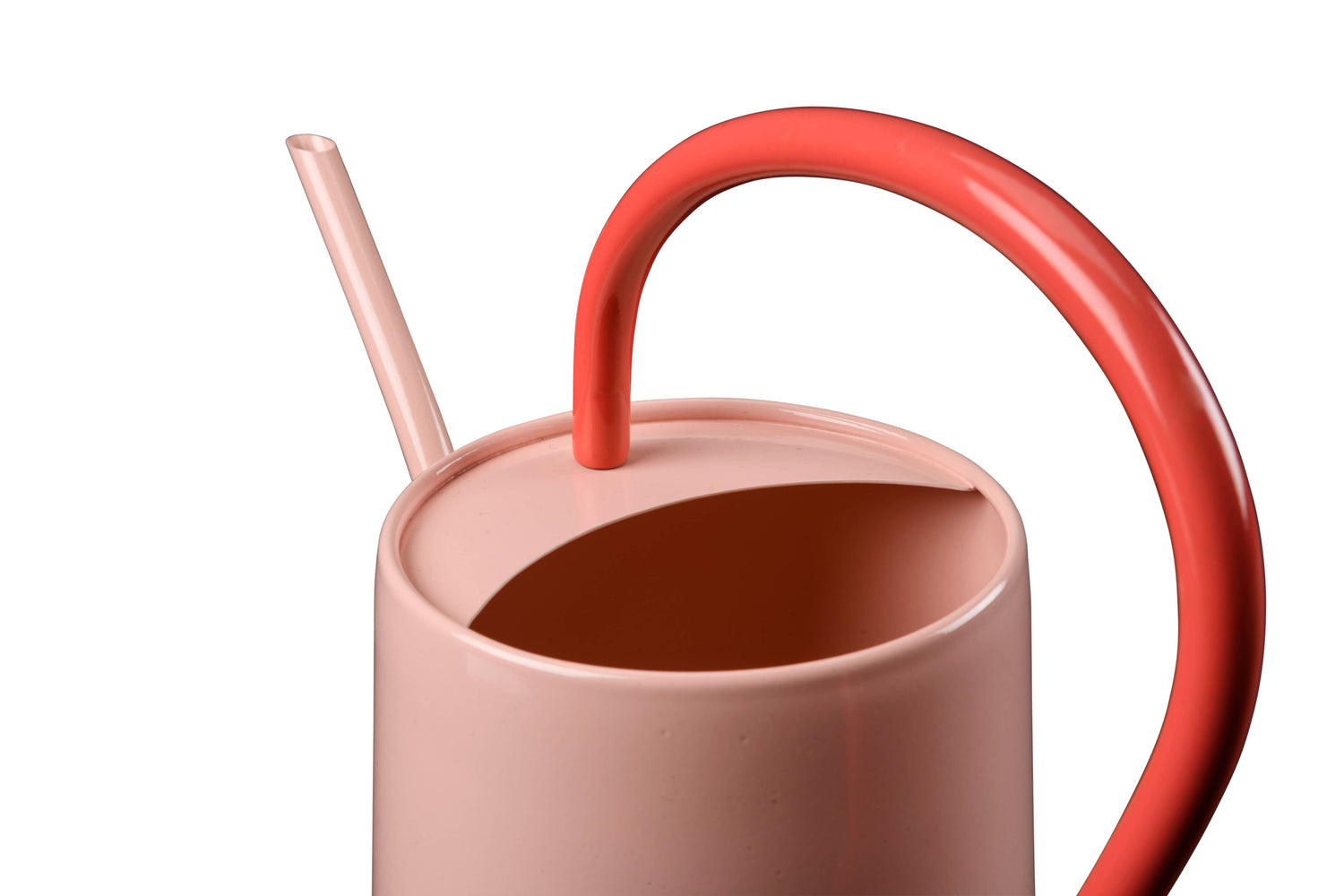 Pink and Red Indoor Watering Can. Scalloped handle and slender spout. 
