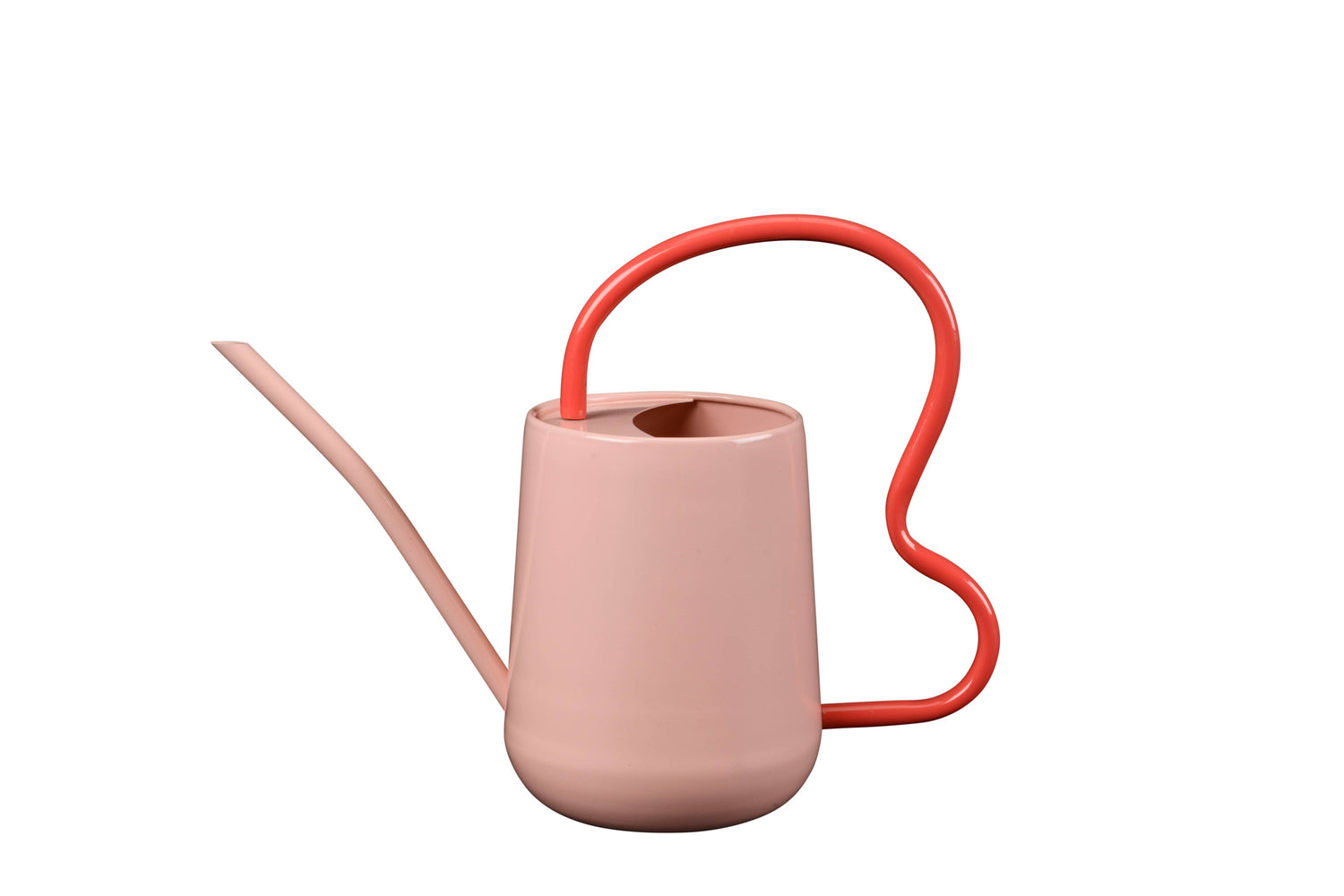 Pink and Red Indoor Watering Can. Scalloped handle and slender spout. 