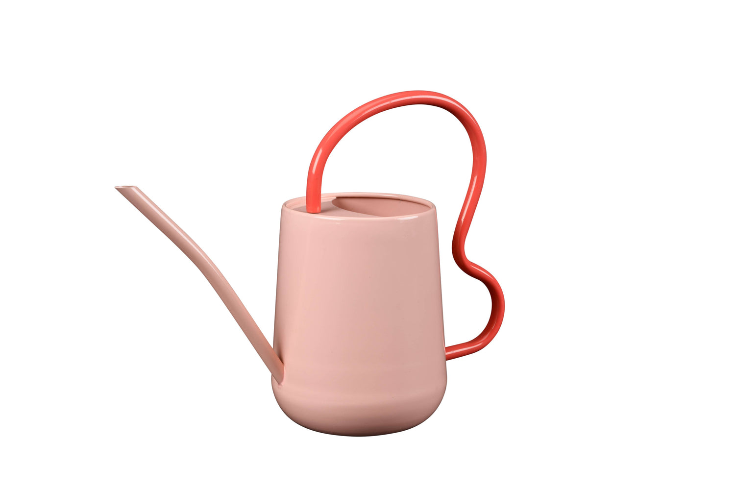 Pink and Red Indoor Watering Can. Scalloped handle and slender spout. 
