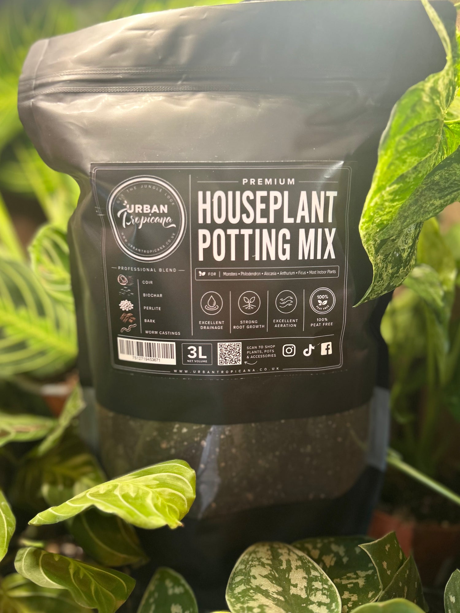 A 3L black resealable pouch of Urban Tropicanas Houseplant Potting Mix, surrounded by green houseplant leaves.