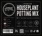 Black and white packaging label for Urban Tropicana Premium Houseplant Potting Mix, featuring product details, ingredient icons, and social media handles.