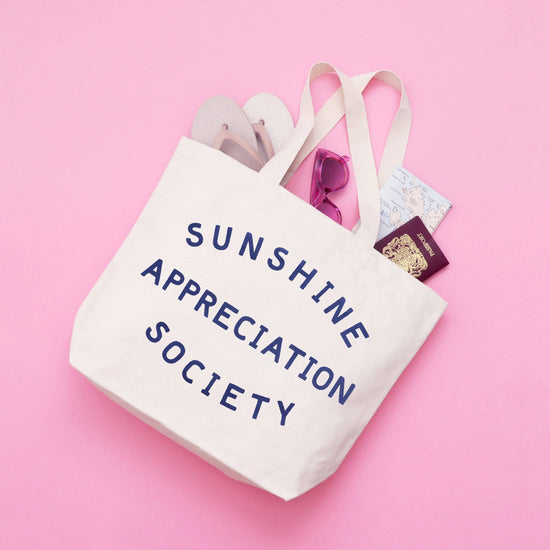 Big Canvas Tote Bag with ‘Sunshine Appreciation Society’ Text on a Pink Background