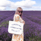 Person Wearing a Big Canvas Tote Bag with ‘Sunshine Appreciation Society’ Text on a Lavender Field Background
