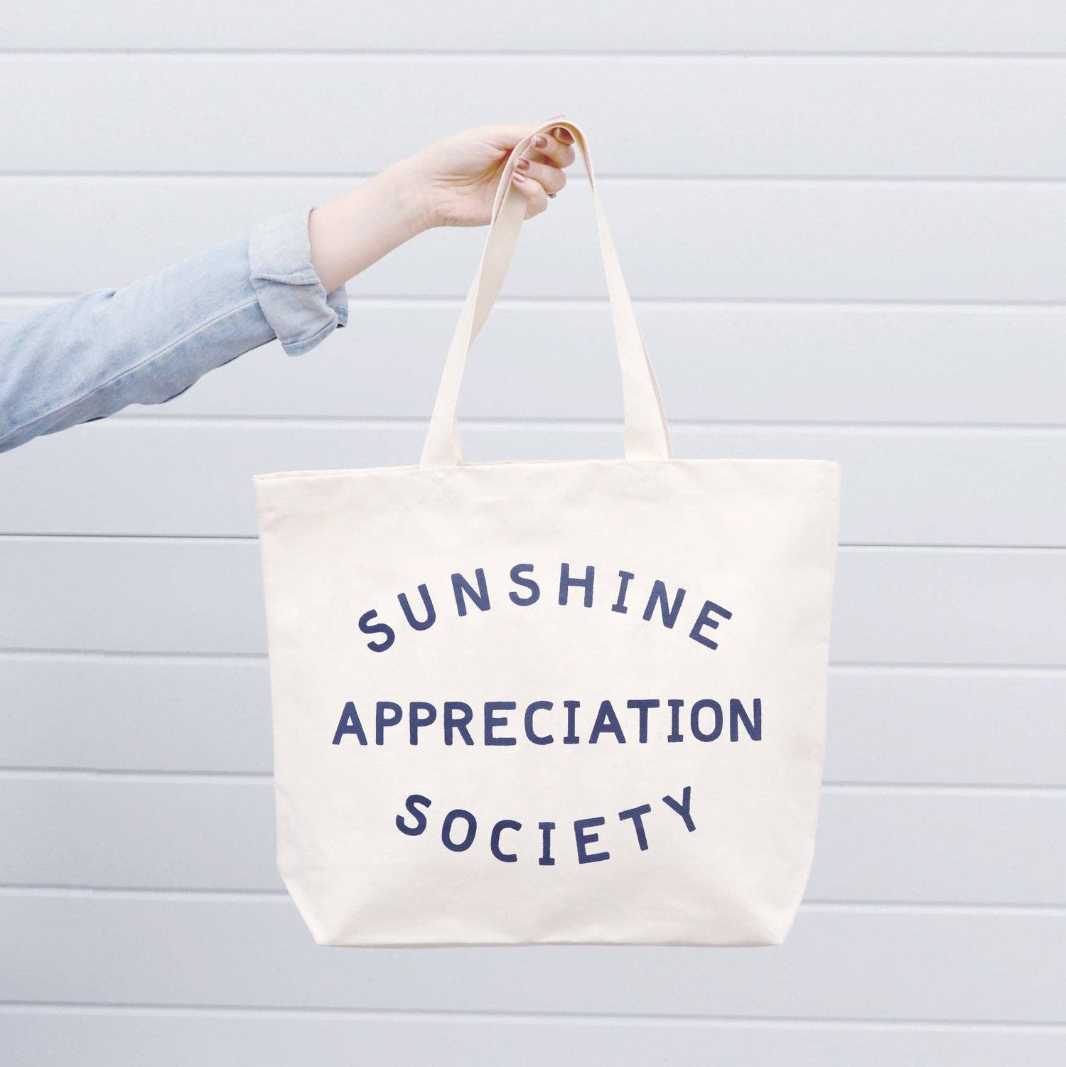 Big Canvas Tote Bag with ‘Sunshine Appreciation Society’ Text on a White Background