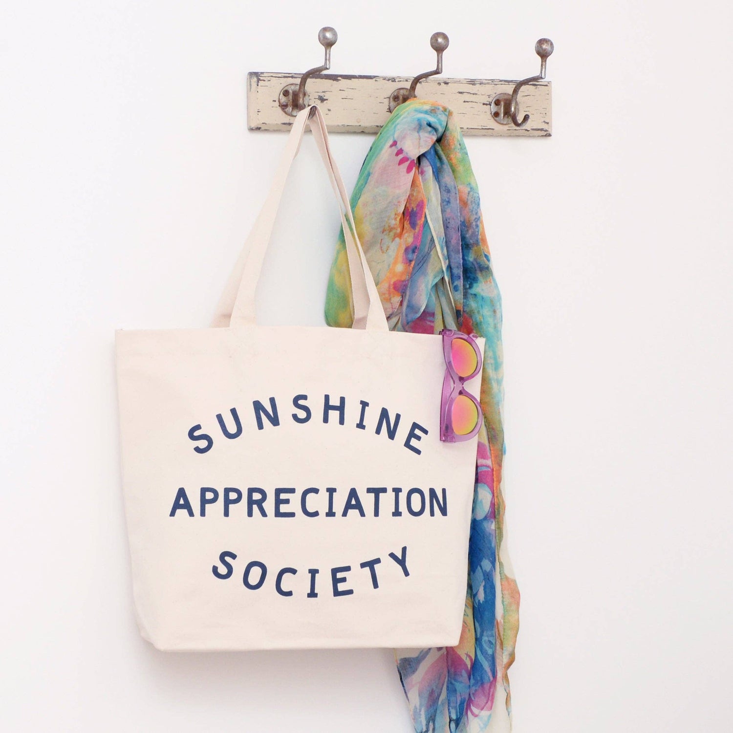 Big Canvas Tote Bag with ‘Sunshine Appreciation Society’ Text on a White Background