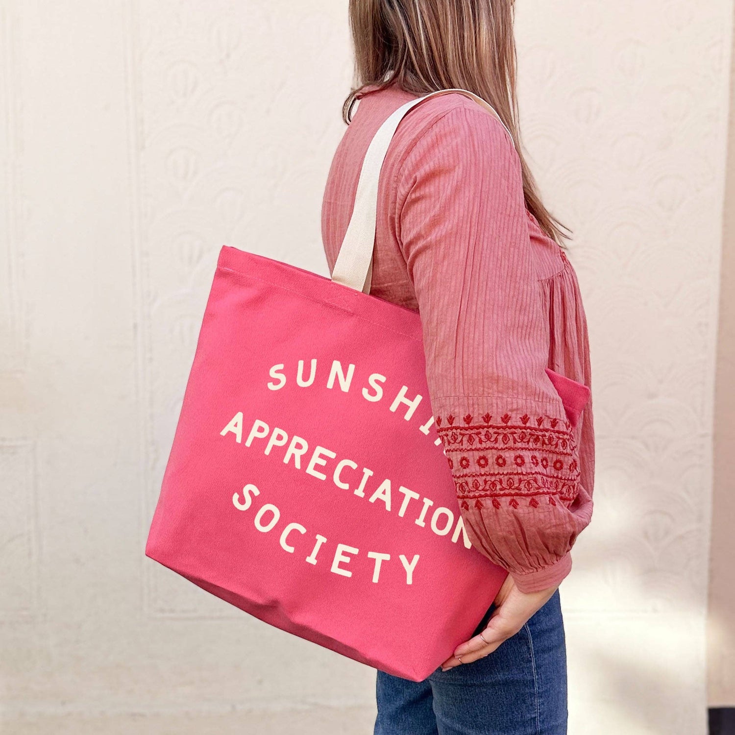 Bright Pink Canvas Tote Bag with ‘Sunshine Appreciation Society’ text on White Background
