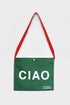 Green reusable canvas tote bag with red handles and bold white "Ciao" and ‘Arrivederci’ graphic by The General Classification. Eco-friendly cotton shopping bag with modern minimalist design, ideal for everyday use, groceries, travel, and casual fashion.