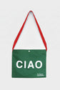 Green reusable canvas tote bag with red handles and bold white "Ciao" and ‘Arrivederci’ graphic by The General Classification. Eco-friendly cotton shopping bag with modern minimalist design, ideal for everyday use, groceries, travel, and casual fashion.