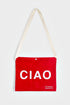 Red reusable canvas tote bag with white handles and bold white "Ciao" and ‘Arrivederci’ graphic by The General Classification. Eco-friendly cotton shopping bag with modern minimalist design, ideal for everyday use, groceries, travel, and casual fashion.