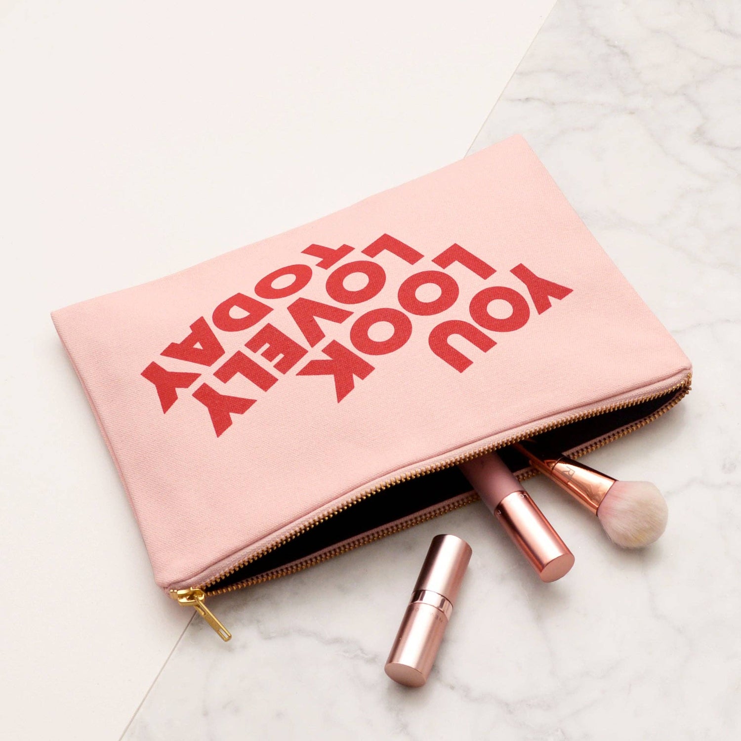 Blush Pink Pouch with ‘You Look Lovely Today’ Text on a Marble Background