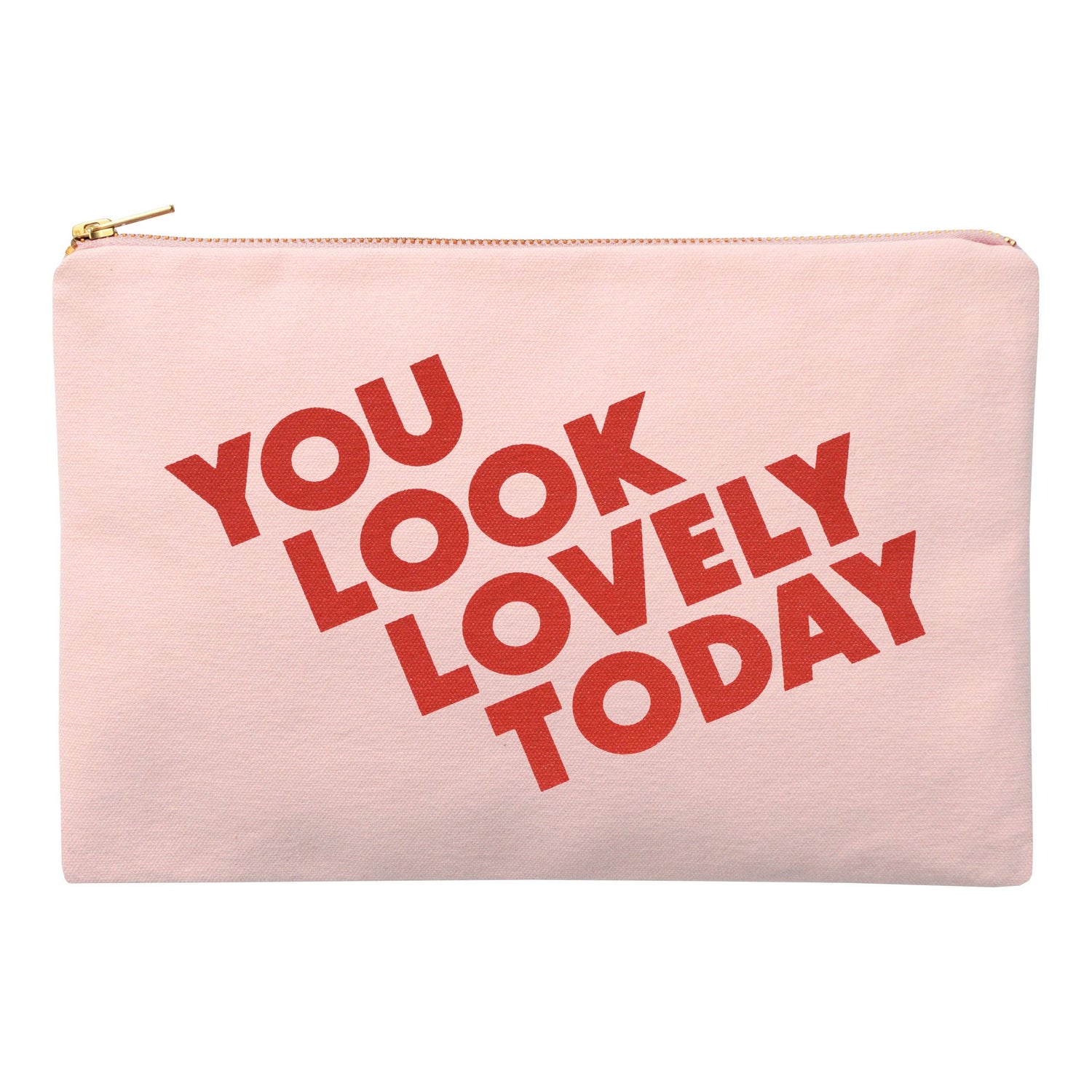 Blush Pink Pouch with ‘You Look Lovely Today’ Text on a White Background